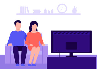Family young couple man and woman sitting on sofa at home and watching TV news. Living room interior. Rest, recreation, spending time on isolation and quarantine. Vector illustration