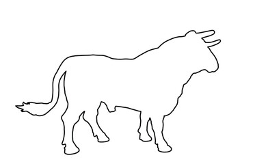 Standing adult bull vector line contour silhouette isolated on white. Breeding bull.  quality genetic material for insemination. Organic food.  Strong animal for bull fighting Spain corrida