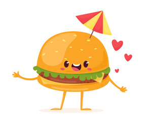 Joyful and cute hamburger with umbrella and hearts. Vector illustration in flat cartoon style.