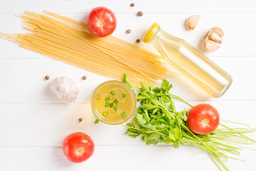  vegetable broth, vegan menu, broth and ingredients for vegetarian soup. 