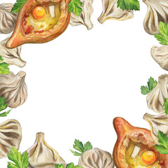 Watercolor Georgian cuisine card design isolated on white background. Hand drawn frame with ajarian khachapuri, khinkali and parsley.