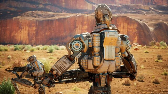 Military robot-android in the desert surveys the territory. The animation for fiction, futuristic or sci-fi backgrounds.