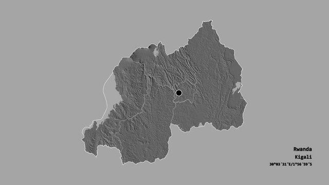 Iburengerazuba, province of Rwanda, with its capital, localized, outlined and zoomed with informative overlays on a bilevel map in the Stereographic projection. Animation 3D