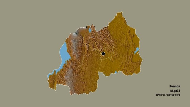 Iburengerazuba, province of Rwanda, with its capital, localized, outlined and zoomed with informative overlays on a relief map in the Stereographic projection. Animation 3D