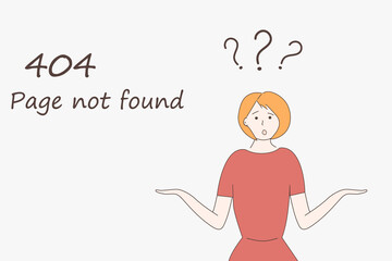Web page template for Internet site: 404 page not found.A girl in red dress shrugs with naive curious funny face and arms apart. Three question marks above his head.Raster.Hand drawn