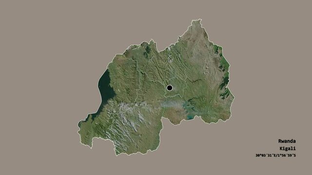 Iburengerazuba, province of Rwanda, with its capital, localized, outlined and zoomed with informative overlays on a satellite map in the Stereographic projection. Animation 3D