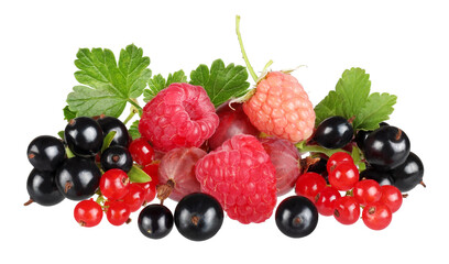 raspberries,black currants ,cherries isolated on white background