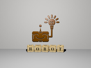 3D representation of ROBOT with icon on the wall and text arranged by metallic cubic letters on a mirror floor for concept meaning and slideshow presentation. illustration and artificial