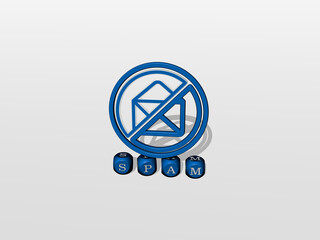 3D representation of spam with icon on the wall and text arranged by metallic cubic letters on a mirror floor for concept meaning and slideshow presentation. illustration and internet