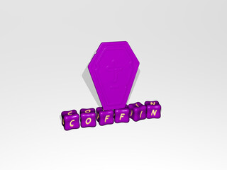 3D representation of COFFIN with icon on the wall and text arranged by metallic cubic letters on a mirror floor for concept meaning and slideshow presentation. illustration and background