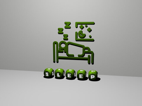 3D illustration of sleep graphics and text made by metallic dice letters for the related meanings of the concept and presentations. bed and background