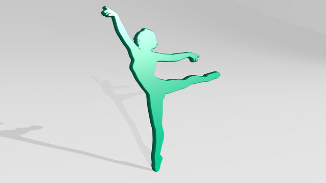 DANCER stand with shadow. 3D illustration of metallic sculpture over a white background with mild texture. dancing and beautiful