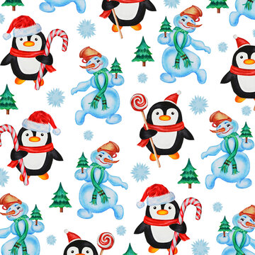 Christmas and New Year pattern: snowmen, penguins, snowflakes and fir trees. Idea for wallpaper, website background, wrapping paper, textiles, prints.