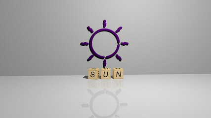 3D illustration of SUN graphics and text made by metallic dice letters for the related meanings of the concept and presentations. background and beautiful
