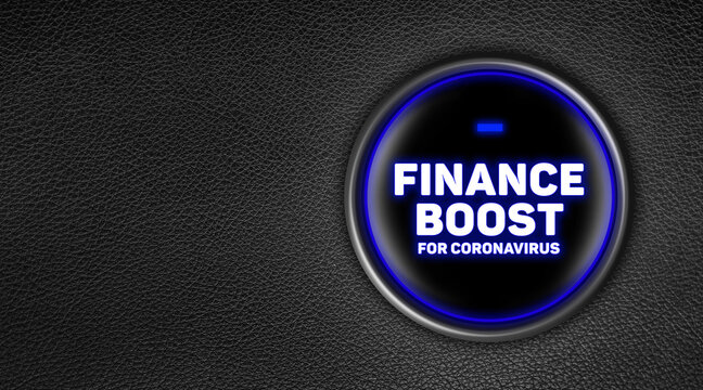 Financial support in coronavirus days concept: Blue lighted car engine start button on leather dashboard. Finance boost for coronavirus text on it. Large copy space on black leather background.