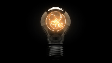 Embryo. Glowing embryo symbol in a light bulb on a black background. 3D. 3D rendering.