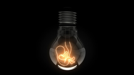 Embryo. Glowing embryo symbol in a light bulb on a black background. 3D. 3D rendering.