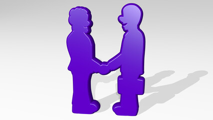 men shaking hands stand with shadow. 3D illustration of metallic sculpture over a white background with mild texture. couple and young