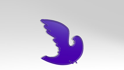 bird from a perspective on the wall. A thick sculpture made of metallic materials of 3D rendering. animal and illustration