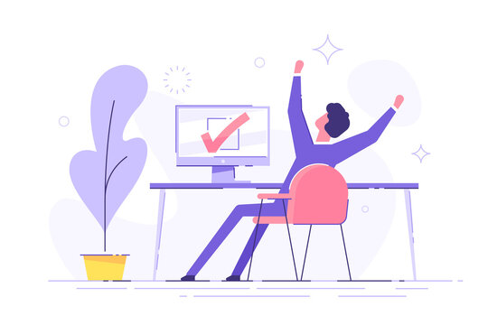 Happy man completed task and triumphing with raised hands on the his workplace.  Successful well done work. Completed task. modern vector illustration.