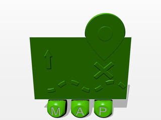 3D graphical image of map vertically along with text built by metallic cubic letters from the top perspective, excellent for the concept presentation and slideshows. illustration and background