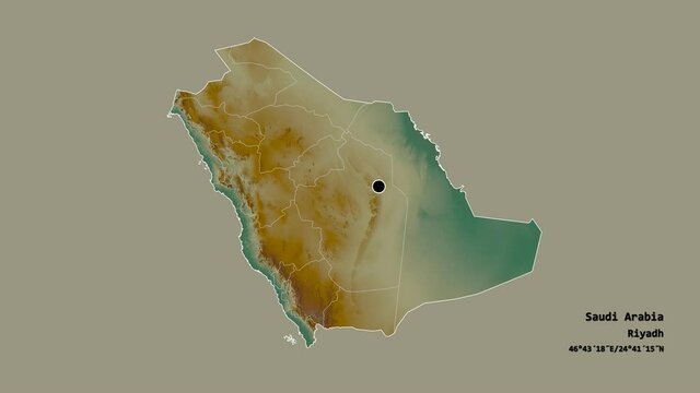 Ar Riyad, region of Saudi Arabia, with its capital, localized, outlined and zoomed with informative overlays on a relief map in the Stereographic projection. Animation 3D