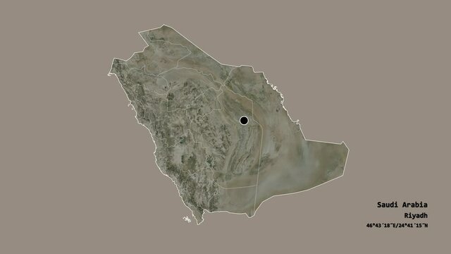 Ar Riyad, region of Saudi Arabia, with its capital, localized, outlined and zoomed with informative overlays on a satellite map in the Stereographic projection. Animation 3D