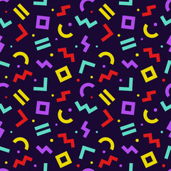 Memphis style seamless pattern. Colorful geometric chaotically oriented shapes background with dark backdrop. Vector. Wrapping paper texture. Abstract cover design. Pattern template in swatches panel.