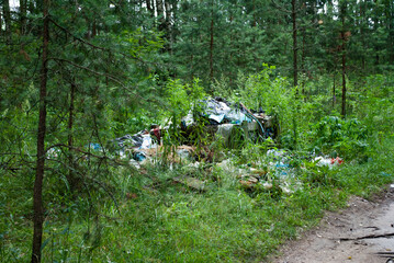 A large pile of garbage, waste in the forest. The nature of forests is polluted by humans. Ecology pollution disaster danger.