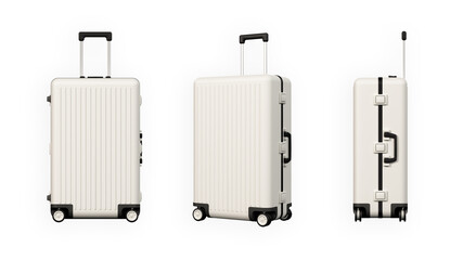 Suitcase collage set isolated on white background. Baggage travel mockup, closed plastic luggage...