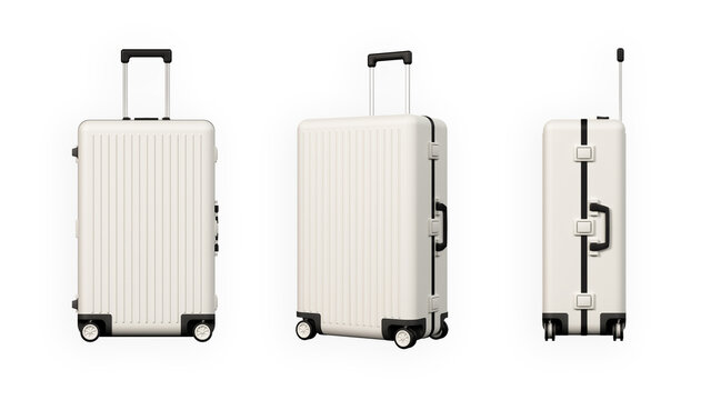 Suitcase collage set isolated on white background. Baggage travel mockup, closed plastic luggage concept, front and side view. Set of three traveling bags.