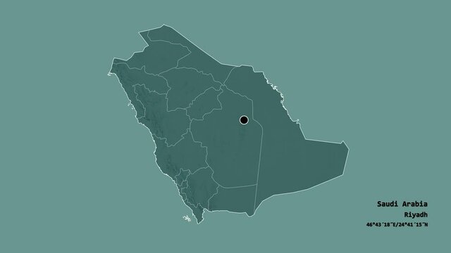 Asir, region of Saudi Arabia, with its capital, localized, outlined and zoomed with informative overlays on a administrative map in the Stereographic projection. Animation 3D