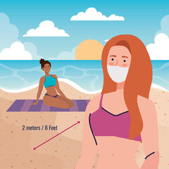 social distancing on the beach, women wearing medical mask, new normal summer beach concept after coronavirus or covid 19