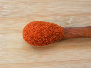 Red color Chili powder on wooden spoon