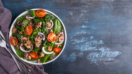 Tuna salad with tomatoes, red onion and spinach. Fish salad on a plate. Top view, text space