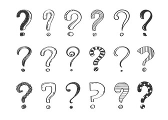 Set of hand drawn question marks, doodle questions on a white background, vector illustration.
