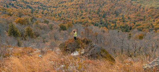 travel life style nature photography of autumn forest top view scenery and woman far from camera on edge of rock