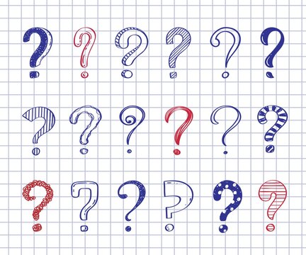 Set of hand drawn question marks on a paper background, doodle questions on a white background, vector illustration.