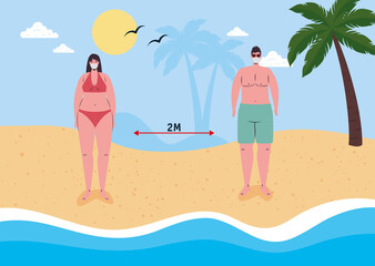 social distancing on the beach, couple wearing medical mask in the beach, new normal summer beach concept after coronavirus or covid 19