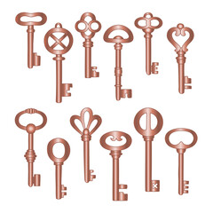 Vintage bronze metal keys set, vector illustration isolated on white background