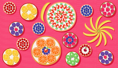 Colorful illustration of fruit dishes standing on the table. View from above. Slices of lemon and orange. Plums, strawberries, raspberries, currants, blueberries and cranberry, banana and cherry.
