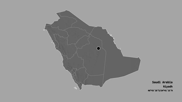 Najran, region of Saudi Arabia, with its capital, localized, outlined and zoomed with informative overlays on a bilevel map in the Stereographic projection. Animation 3D
