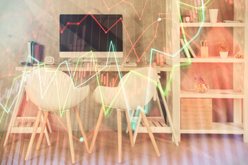 Fototapeta na wymiar Multi exposure of stock market chart drawing and office interior background. Concept of financial analysis.
