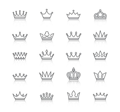 Set of contour, empty, flat crowns. Isolated, editable. Can be used as logotypes or icons.