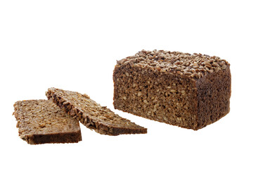 Whole grain rye dark bread with sunflower seeds isolated on white background