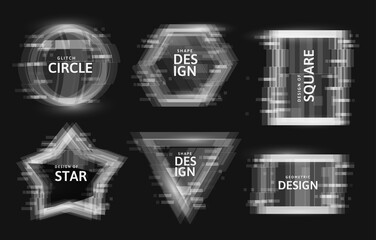 Vector frames with glitch tv distortion effect and a place for text, geometric shapes star, triangle, circle, square, rhombus, isolated on white background, vector illustration