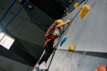 Girl wearing safety equipment and harness training on the artificial climbing wall indoors. Bouldering training concept