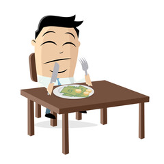 Fototapeta na wymiar funny cartoon illustration of a rich asian businessman who has to eat his money