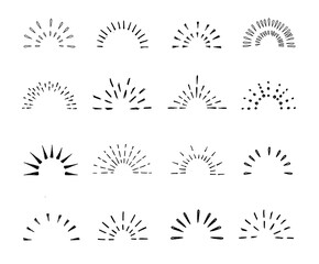 Set of vintage hand drawn sunburst rays design elements, halves, explosion, fireworks, black rays, vector illustration.