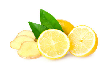 ginger roots with slices, green leaves and lemons isolated on white background